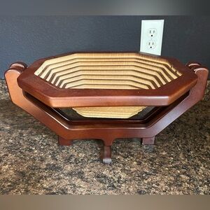 Wooden Mid Century Collapsible Spiral Bowl Basket